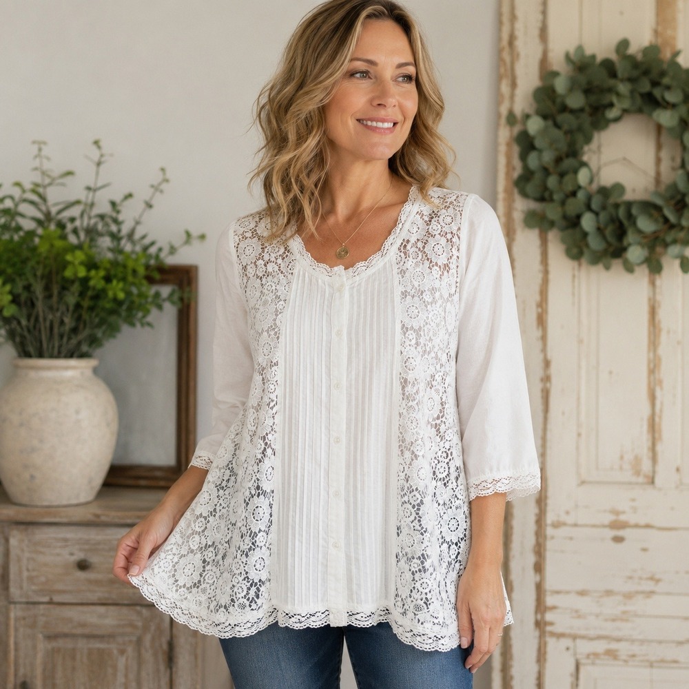 Paper Lace Brand White Cotton Crochet Lace Pintuck Tunic Blouse NWT Womens Small